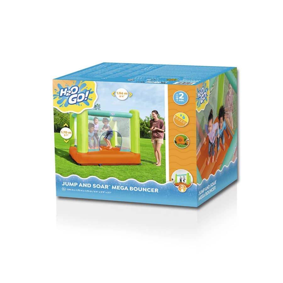 קופסת המוצר של מתנפח חצר Bestway H2O Go Jump and Soar Mega Bouncer עם תמונת ילדים קופצים | yrz
