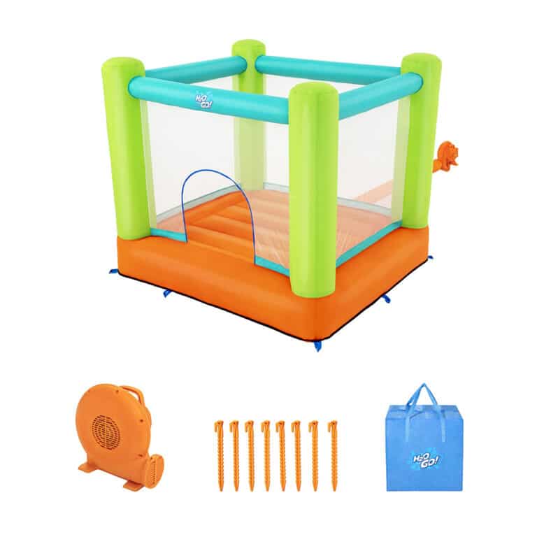 מתנפח לחצר עם קירות רשת ומסגרת ירוק-טורקיז ובסיס כתום, כולל מפוח, יתדות ותיק נשיאה | yrz