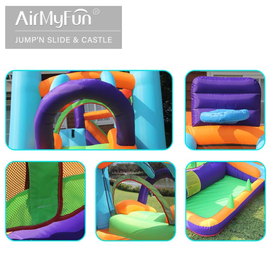 קולאז׳ תקריבים של מתנפח Air My Fun צבעוני: קשת כניסה, רשת בטיחות, מגלשה ובריכת שכשוך | yrz