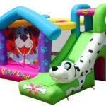 מתקן מתנפח לילדים עם מגלשה ירוקה בעיצוב כלבלב דלמטי ואזור קפיצה צבעוני | yrz