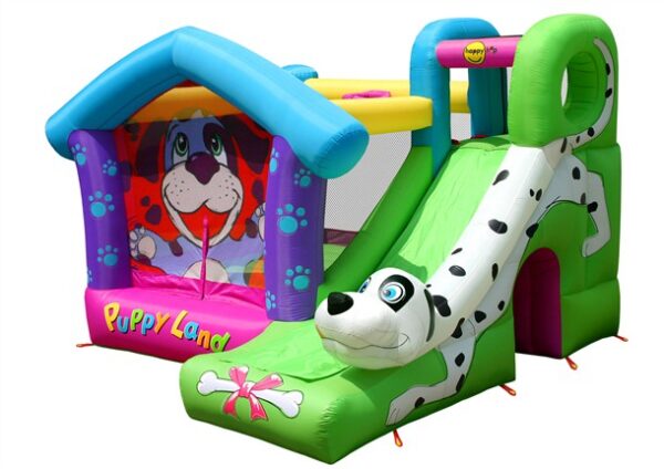 מתקן מתנפח לילדים עם מגלשה ירוקה בעיצוב כלבלב דלמטי ואזור קפיצה צבעוני | yrz