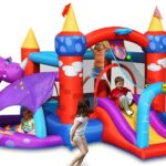 מתנפח טירת דרקון צבעוני עם מגלשה ובריכת כדורים, ילדים משחקים בפנים | yrz