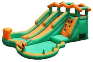 מתנפח מים ירוק וכתום עם שתי מגלשות ומגלשת טיפוס ובריכת נחיתה קדמית | yrz