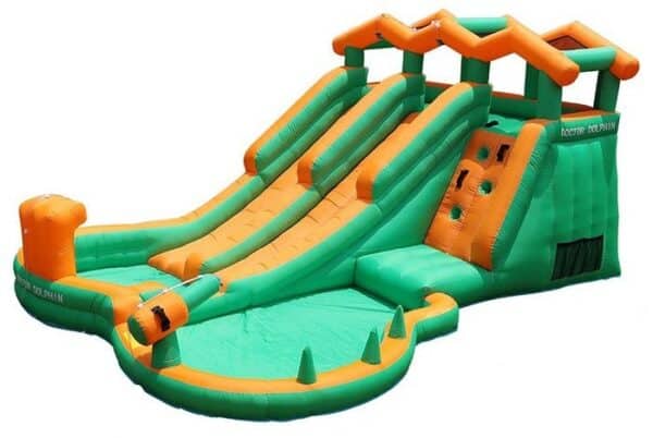 מתנפח מים ירוק וכתום עם שתי מגלשות ומגלשת טיפוס ובריכת נחיתה קדמית | yrz