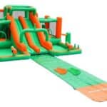 מתנפח מים ירוק-כתום עם מגלשה דו-מסלולית ומשטח החלקה קדמי | yrz