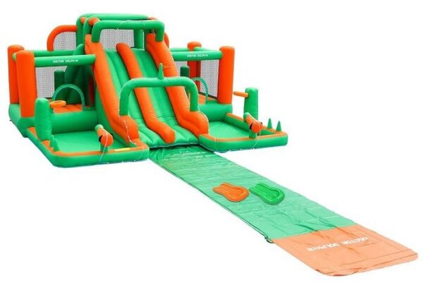 מתנפח מים ירוק-כתום עם מגלשה דו-מסלולית ומשטח החלקה קדמי | yrz