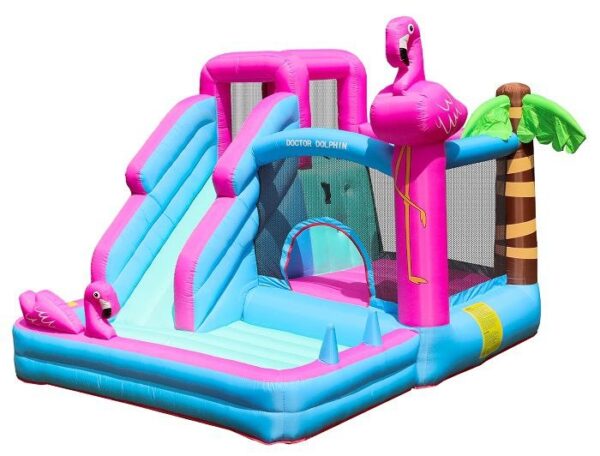 מתנפח קפיצה ועיר משחק בצבעי ורוד ותכלת עם מגלשה ודמות פלמינגו | yrz