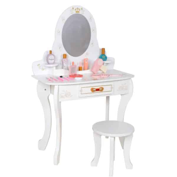 שידת איפור לבנה עם מראה אובלית, מגירה ושרפרף תואם, כולל אביזרי איפור צעצוע על השולחן | yrz