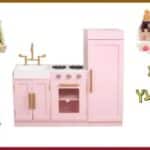 PACKTZA5 חבילת צעצועץ - הכולל מטבח דגם פלורה, מצנם מעץ, ערכת גלידריה, ערכת תה מעץ ומגש פירות מעץ