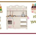 PACKTZA8 חבילת צעצועץ - הכולל מטבח מטבח כפרי, מצנם מעץ, ערכת גלידריה, ערכת תה מעץ ומגש פירות מעץ