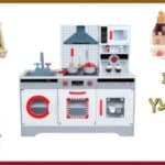 PACKTZA4 חבילת צעצועץ - הכולל מטבח דגם אביה, מצנם מעץ, ערכת גלידריה, ערכת תה מעץ ומגש פירות מעץ