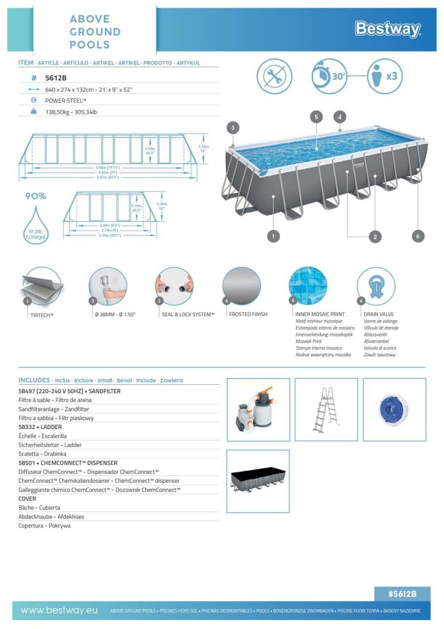 ⁦בריכת אולטרה מלבנית ללא אביזרים 640X274X132 סמ מבית 5612B-X מבית BESTWAY⁩ – תמונה ⁦6⁩